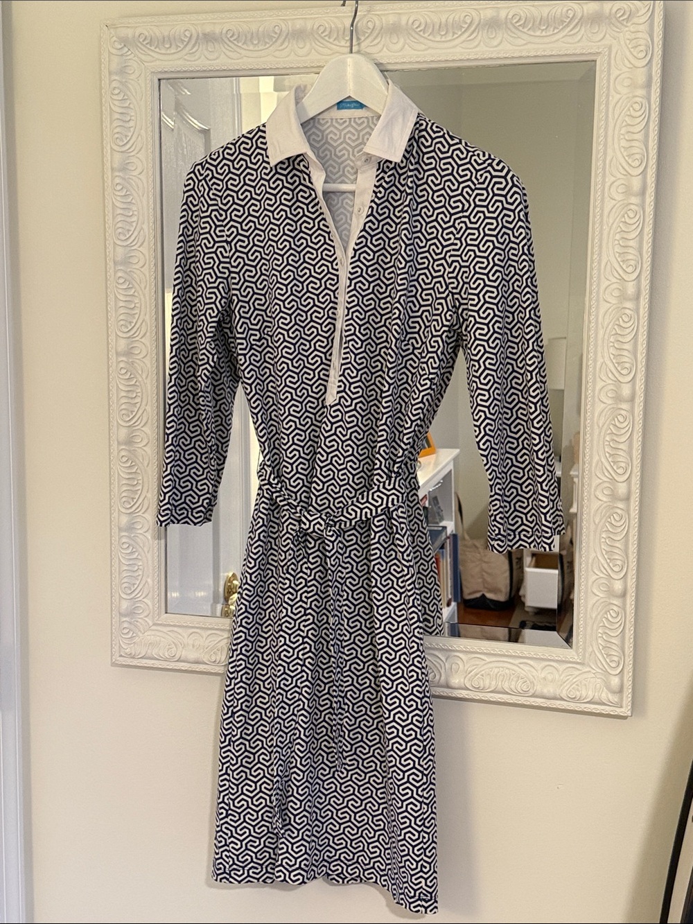 J. McLaughin Navy and White Collared Shirt Dress with Self-Tie Waist